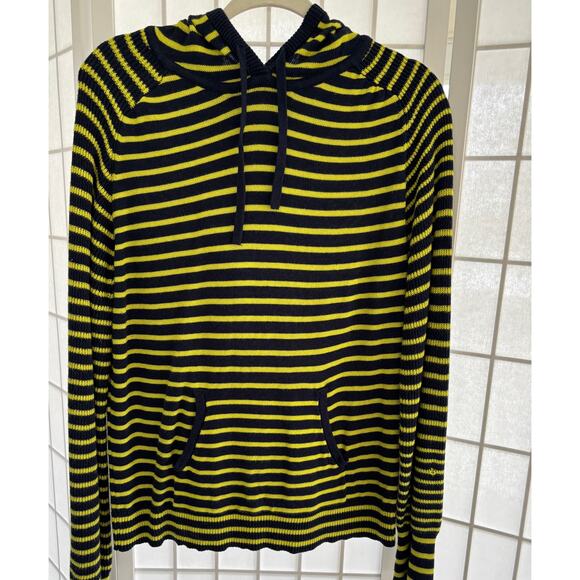 Women’s Style & Co Striped Navy Yellow Hoodie Long Sleeves Front Pocket FLAW - Picture 1 of 9